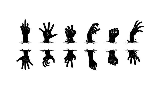Zombie Hand Silhouettes in Twelve Poses Emerging From the Ground, Horror Concept Icon Set for Halloween Design