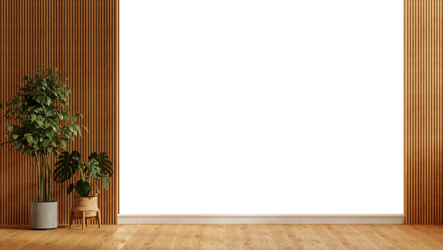 Wall mockup in minimal room interior with wooden slats and tall green houseplant on wall transparent background- 3D rendering
