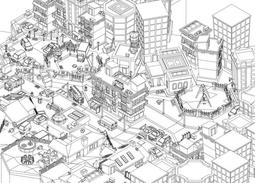 Black and white contour drawing of a low poly town with buildings, vehicles, and objects