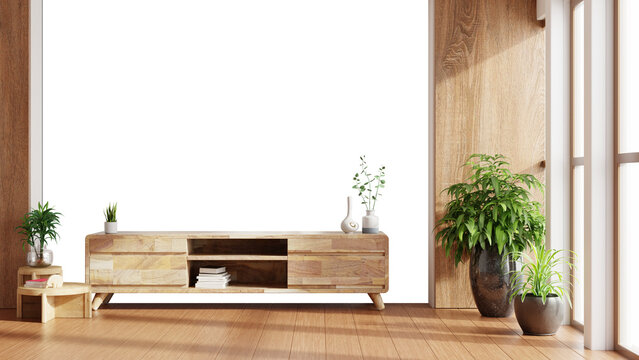 Empty black wall mockup in modern living room interior with wooden cabinet and green plants on wall transparent background- 3D rendering