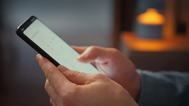 In dim evening light, man grips his smartphone, eyes fixed on the glowing screen as he studies the content with intense concentration, illustrating focused digital learning in quiet personal space