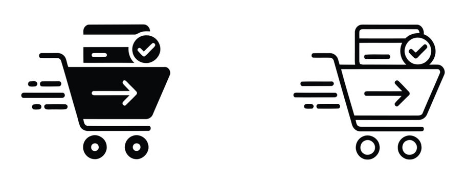Shopping cart icon set, Full and empty shopping cart symbol, shop and sale, vector illustration. Black and white shopping cart icons with checkmark and arrow. 