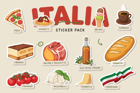 Flat sticker pack featuring italian food and drink including pizza, spaghetti, tiramisu, espresso, and more