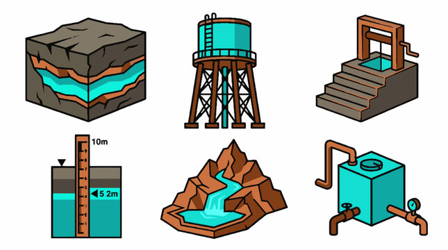 Set of water resource icons including underground aquifer water tower well measurement gauge mountain waterfall and industrial storage tank vector illustration