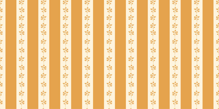 Seamless Floral Stripe Pattern with Botanical Vines Vintage Elegant Background in Beige and Orange