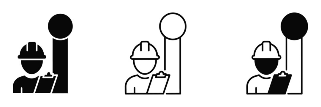 Three construction worker icons with hard hats and clipboards in black and white