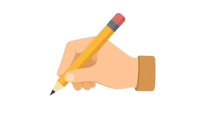 Hand holding a yellow pencil for writing or drawing, illustrating education, learning, and creative processes; a modern flat design graphic on a white background.