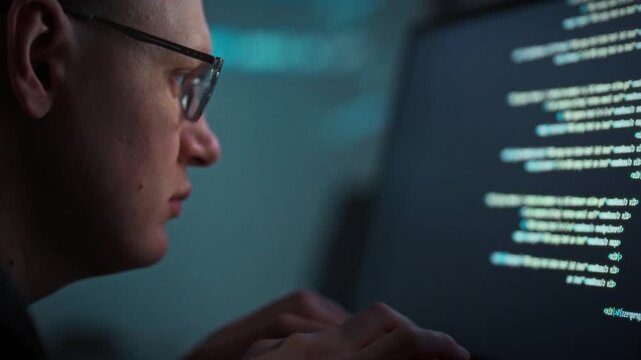 In dimly lit workspace at night, programmer with glasses types code, harnessing artificial intelligence to accelerate generation. focused scene highlights rapid development and tech-driven efficiency
