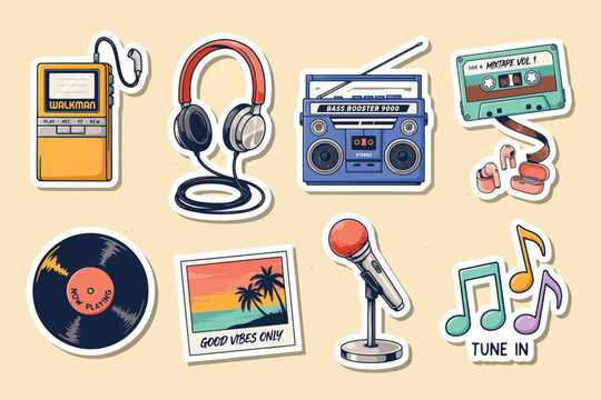 Retro 80s music-themed with radio, cassette, boombox, vinyl record, microphone, and disco ball cassette tape