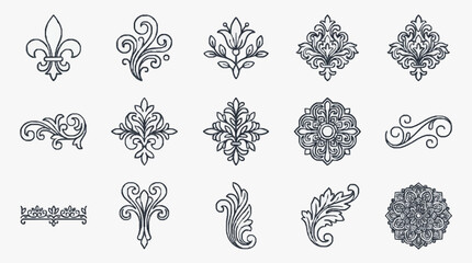 Industrial Black and White Ornate Floral and Fleur de lis Designs for Branding Packaging and Decorative Use © Date