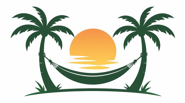Tropical island sunset vector illustration with two palm trees, a relaxing hammock, and a vibrant orange sun reflecting on water, representing summer vacation.