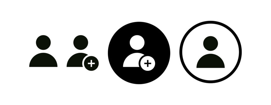 User profile icon set with add member symbols in outline and filled styles. Vector account, avatar, and new contact icons isolated on white for app, web, and interface design.