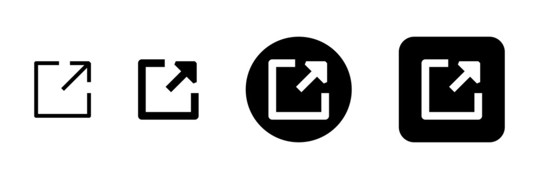 Share icon symbol - External link icon set with arrow opening from square in outline, solid, circle and rounded button styles. Minimal black vector symbols for web, app, browser, and navigation design