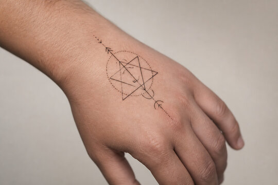 A close-up of a person's forearm and hand featuring a geometric tattoo design.