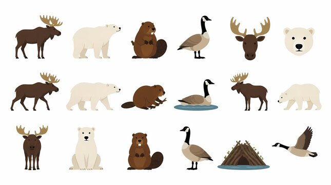 North American wildlife animal icon set: moose, polar bears, beavers, Canada geese in various poses with a beaver lodge, flat vector for education.
