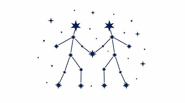 Gemini zodiac constellation graphic illustration of celestial twins formed by dark blue stars connected on a minimalist white background, representing astrology and cosmic symbols.