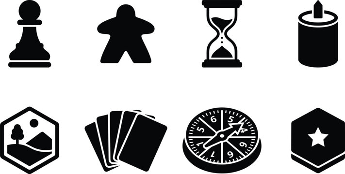 Board Game Silhouette Icons Set with Pawn, Meeple, Cards, Spinner, and Tokens