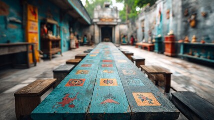 Fototapeta premium Wooden tables and stools lined up in a vibrant, ethnic outdoor scene. Long table, colorful details