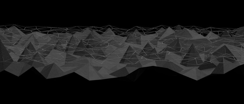 Geometric wireframe mesh landscape with triangular shapes in dark tones representing a digital terra