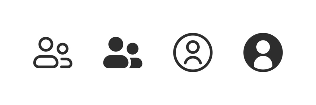 User profile icon set with group, account, avatar, outline and filled styles. Minimal vector people symbols isolated on white for app, web, login, team, and interface design.