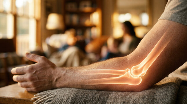 Anatomical illustration of a human arm with bone structure displayed in a warm and inviting living room setting