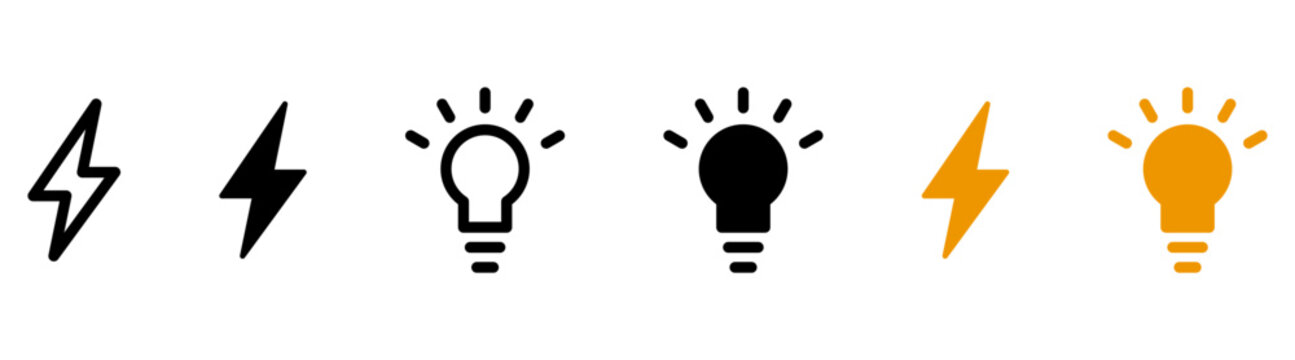 Energy and idea icon set with lightning bolt and light bulb icons symbols in outline, filled, and orange styles. Minimal vector collection isolated on white for app and web design.