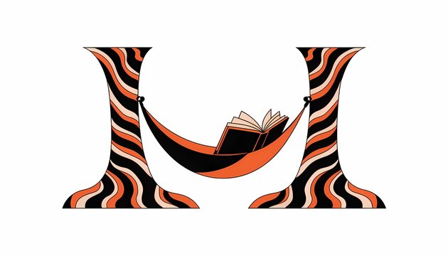 Stylized letter H illustration with an open book resting in a vibrant orange, black, and beige patterned hammock, representing relaxation and literature.