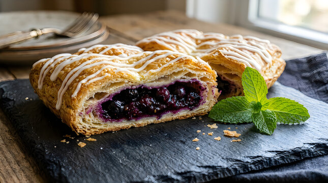 Freshly baked blueberry danish pastry on dark slate with blueberry, breakfast