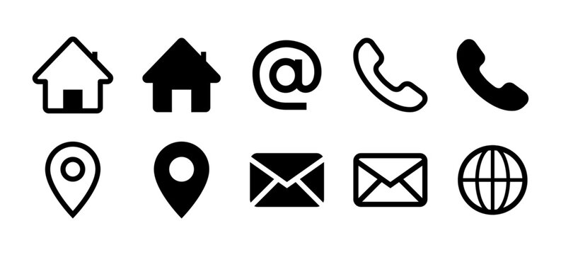 Contact information icon set with outline and filled home, email, phone, location, website and at symbols. Minimal black vector collection isolated on white for app, web and interface design.