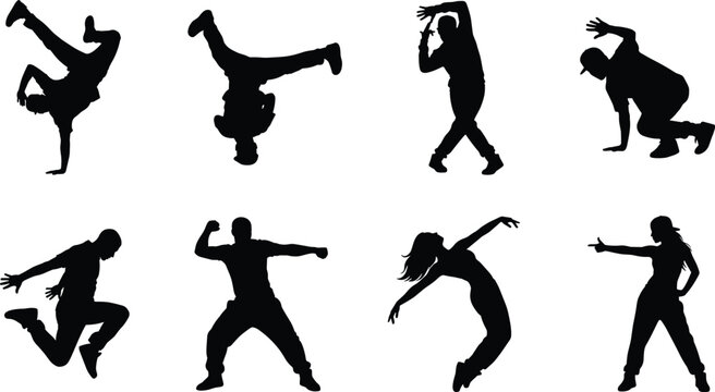 Hip hop and breakdance silhouettes set featuring dynamic male and female street dancers performing freeze moves jumps and modern dance poses