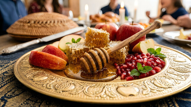 Festive honeycomb and fruit platter for rosh hashanah celebration with honeycomb
