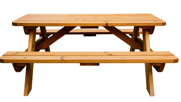 Isolated wooden picnic table with attached benches for outdoor gatherings and garden decor