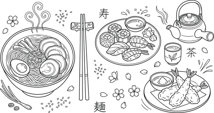 Japanese food cuisine vector coloring page set featuring hot ramen noodle soup, sushi maki rolls platter, tempura prawns, teapot, and cherry blossoms isolated on white.