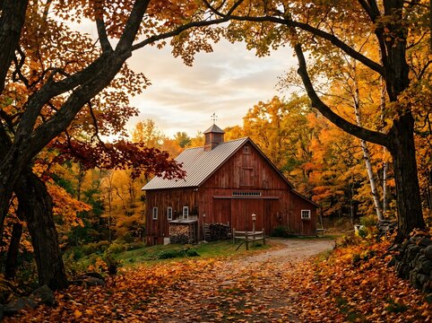 Rustic red barn in autumn landscape