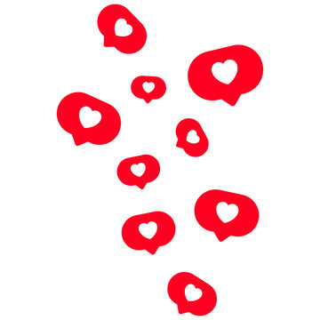 Floating red heart notification bubbles on white background. Social media like, love, feedback and engagement symbols for app, web and digital communication.