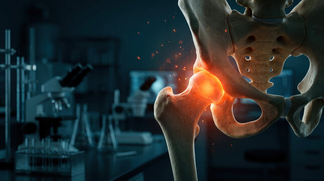 Anatomical model showcasing a human hip joint with emphasis on pain regions in a clinical laboratory environment