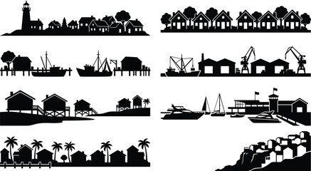 Obraz premium Coastal Silhouette Scenes Collection Featuring Lighthouse Marina Docks Fishing Boats and Waterfront Houses
