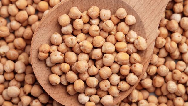 Organic dried chickpeas (garbanzo) filled in a handcrafted rustic wooden spoon. Wholesome agricultural product. Rotation