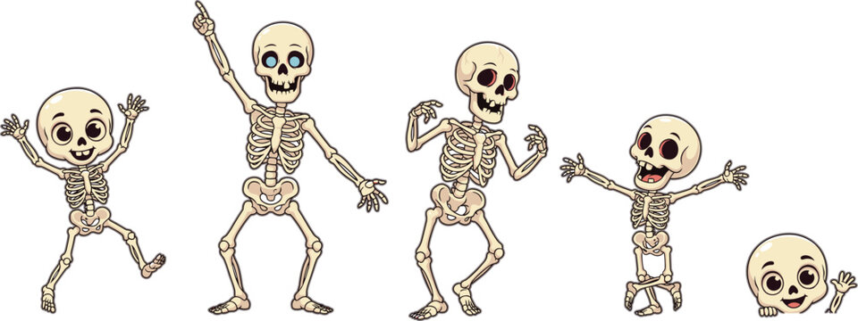 Cute cartoon skeleton characters collection dancing waving and posing in fun positions for Halloween decoration isolated on a clean white background