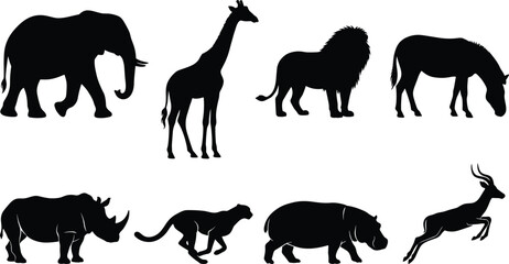 African Animal Silhouettes Collection Featuring Elephant Giraffe Lion Horse Rhino and More © meftahul creatives