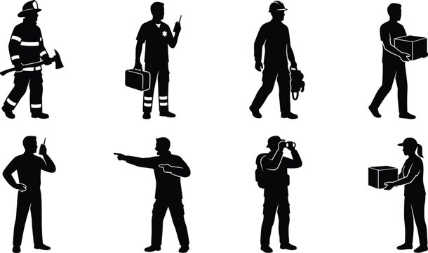 Essential Worker Black Silhouette Collection Featuring Firefighter Paramedic Construction Worker Delivery Personnel and Security Professional Vector Set