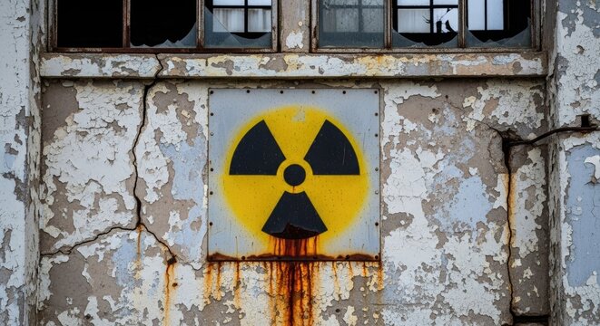 Radiation hazard symbol on weathered wall with broken windows