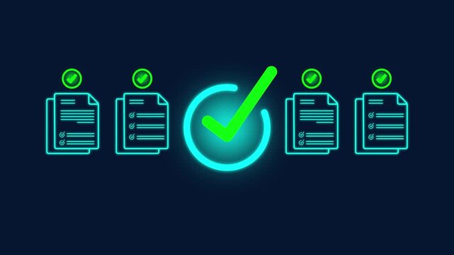Digital document approval process animation with glowing neon checkmark verified checklist