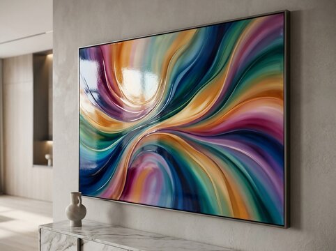 Abstract colorful oil painting on wall in modern living room