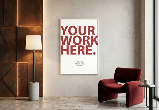 Vertical Art Poster Frame Mockup hangin on the wall with dark red velvet armchair