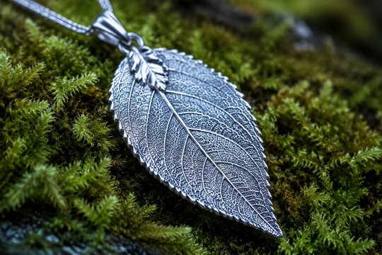 Intricate silver leaf pendant resting on a bed of moss.
