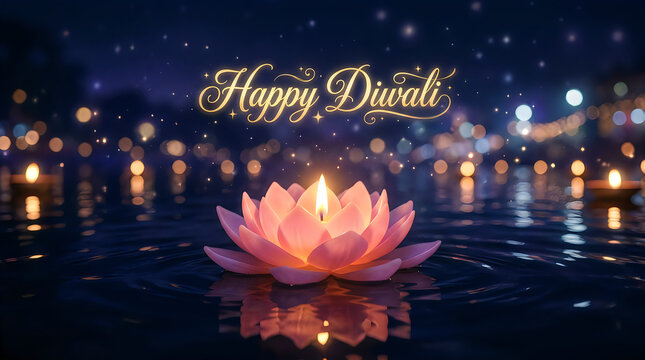 Happy diwali celebration glowing lotus diya lamp on water with festival