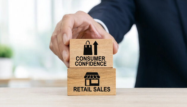 Businessman holding wooden blocks with retail sales and consumer confidence icons on a table in an office  economy and shopping concept transparent background