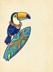 Fototapeta premium retro illustration of cute toucan bird wearing flower lei perched on colorful surfboard. tropical summer and summertime surfing concept. greeting card, invitation, poster design with copyspace.