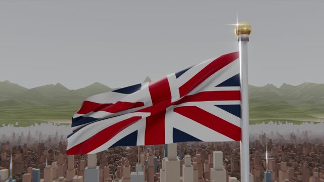 Waving Union Jack flag curling and billowing from gusting wind above skyline, gold finial sparkling